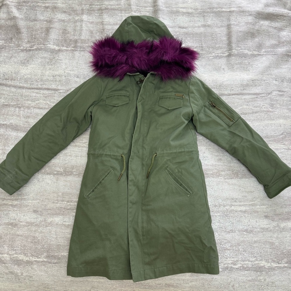Guess Girls Green Parka with Purple Faux Fur Trim, Size 8